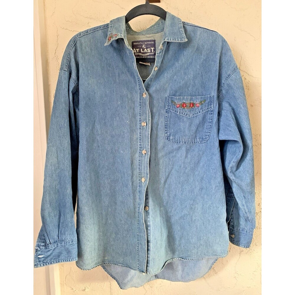 Vtg At Last & Co Denim Spring Shirt Women Size L Cottage Country Embroidered